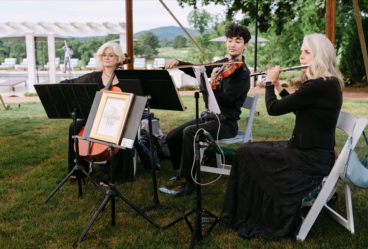 The Madison Trio performing at a vineyard wedding
